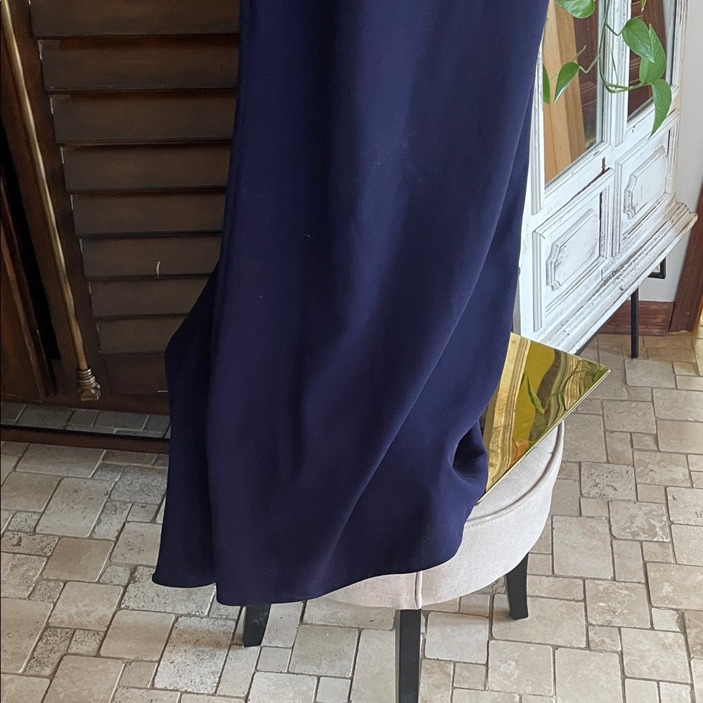 Badgely Mischka Long Navy Blue Evening Gown Size 10 Beaded Cap Sleeve Mini Train - Picture 5 of 11